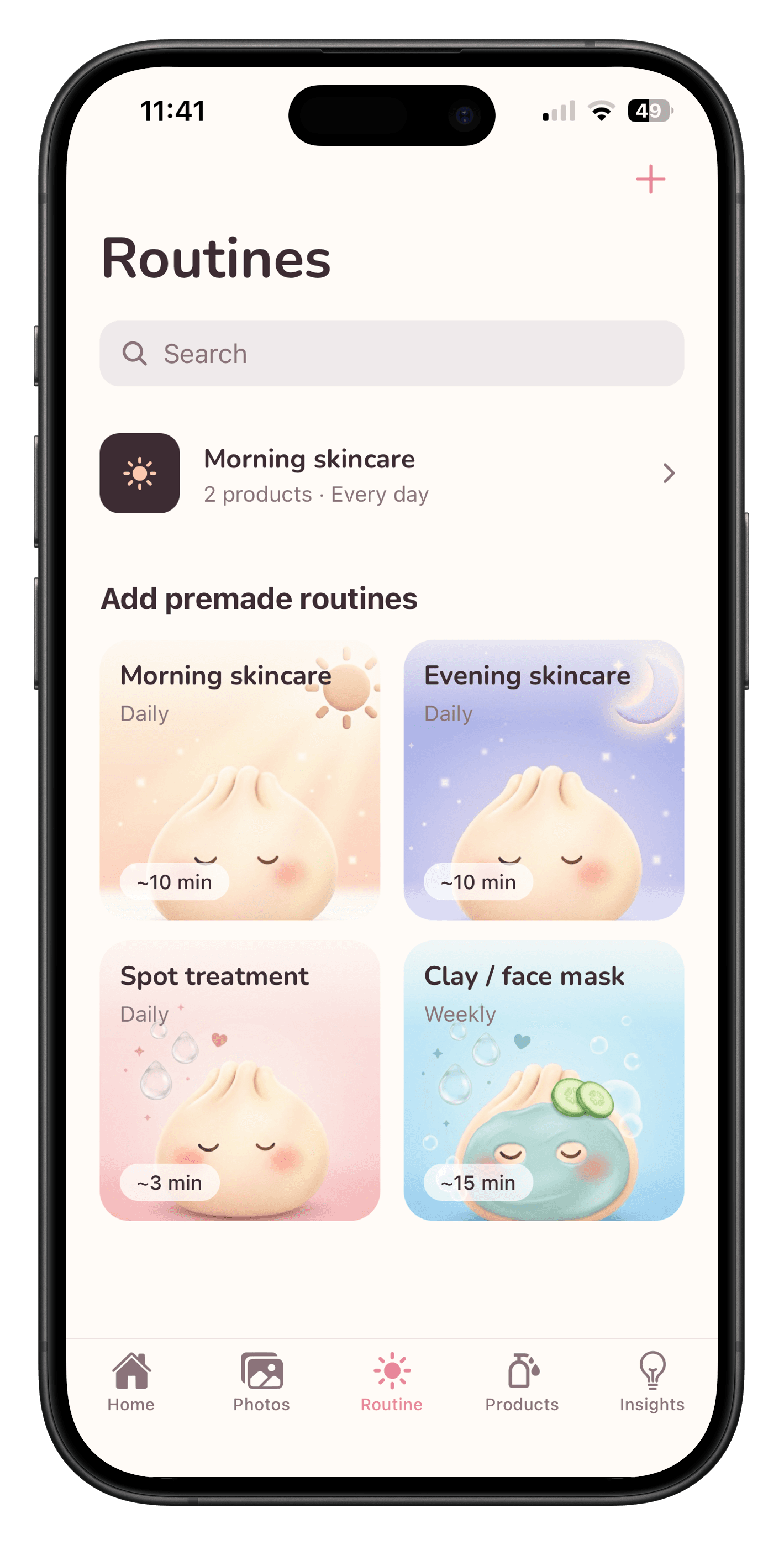 SkinStory routines, including morning skincare and a face mask